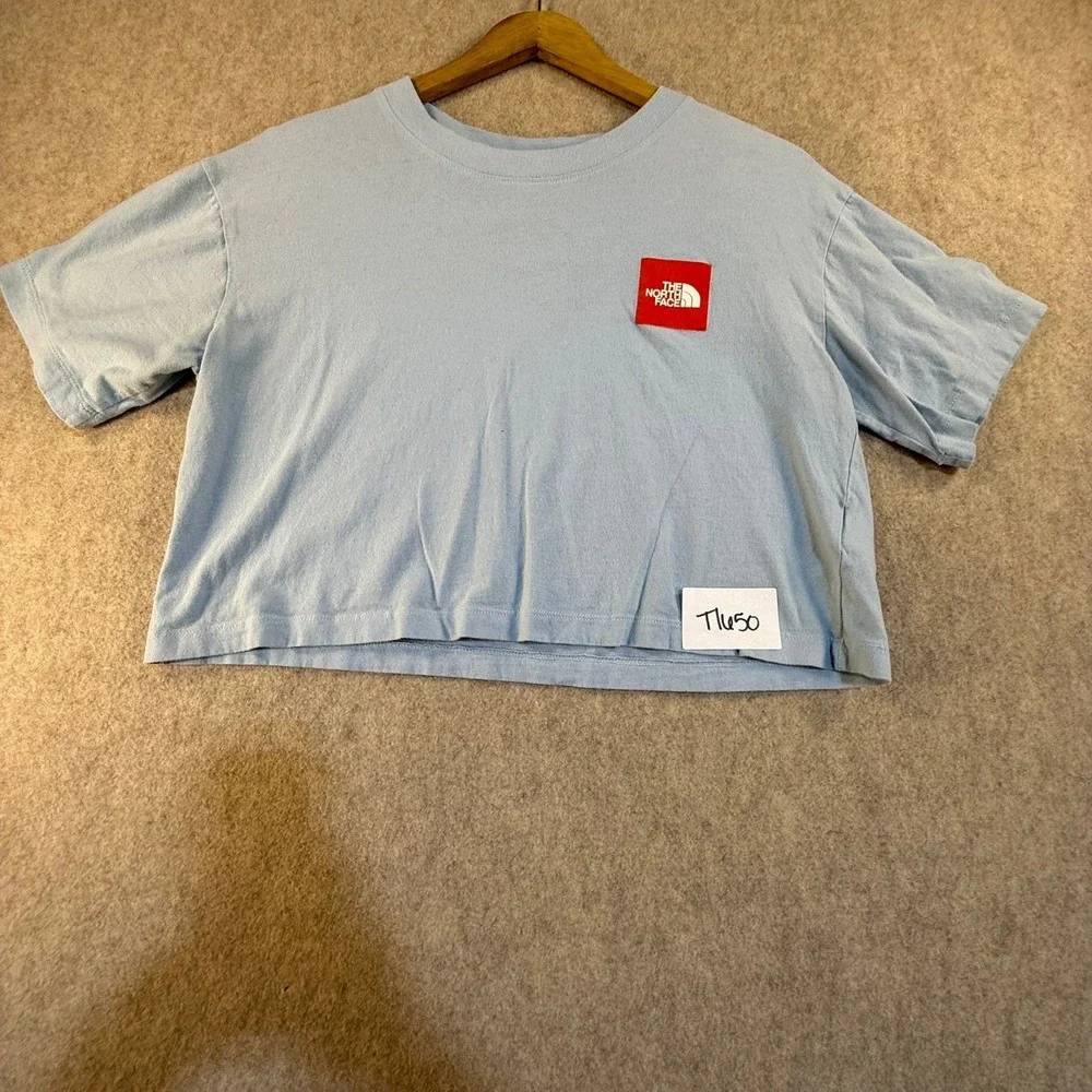 The North Face Womens Light Blue Red Box Logo Cropped T-Shirt Size S Small